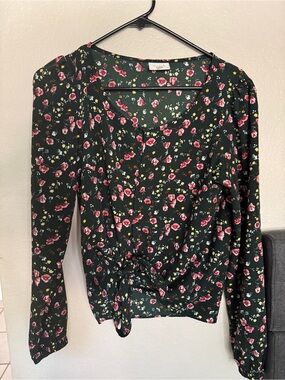 Floral Tie-Front Long Sleeve Top Matching Skirt - Dark Green